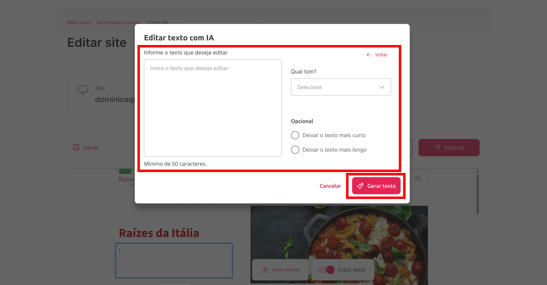 [Alt text: Imagem dos campos para inserir o texto e informar as configurações básicas que a IA deve seguir, como tom e tamanho do parágrafo. No canto inferior direito, o botão para gerar o texto está em destaque.